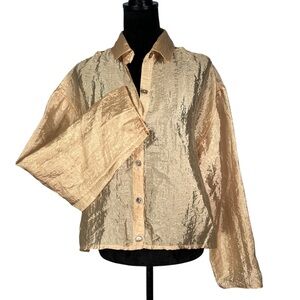 Women's Gold Crinkle Blouse Button Front Dressing Betsy Long Sleeve Organza Top